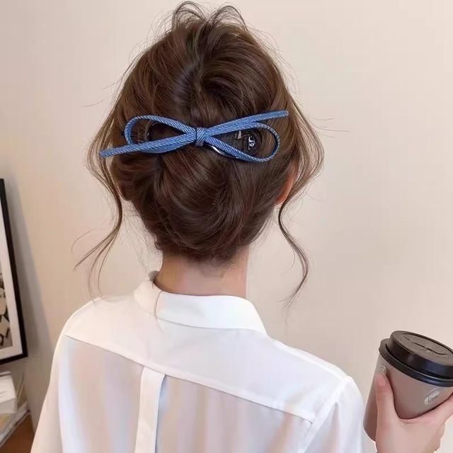 Retro denim bow twisted clip female high-end 2025 new style one-line clip back head hair clip hair accessories