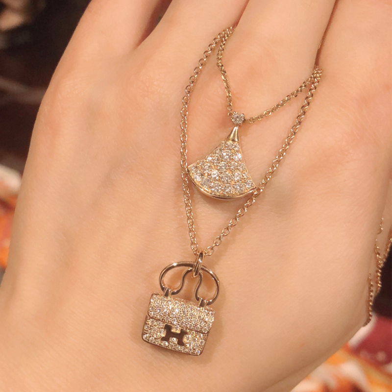 hermes爱马仕项链女经典款18k玫瑰金康康包锁头h字母满钻锁骨链