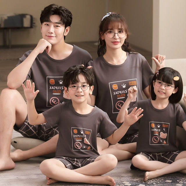 Family of three and four parents-child pajamas short-sleeved summer thin pure cotton mother-daughter shorts round neck home clothing set