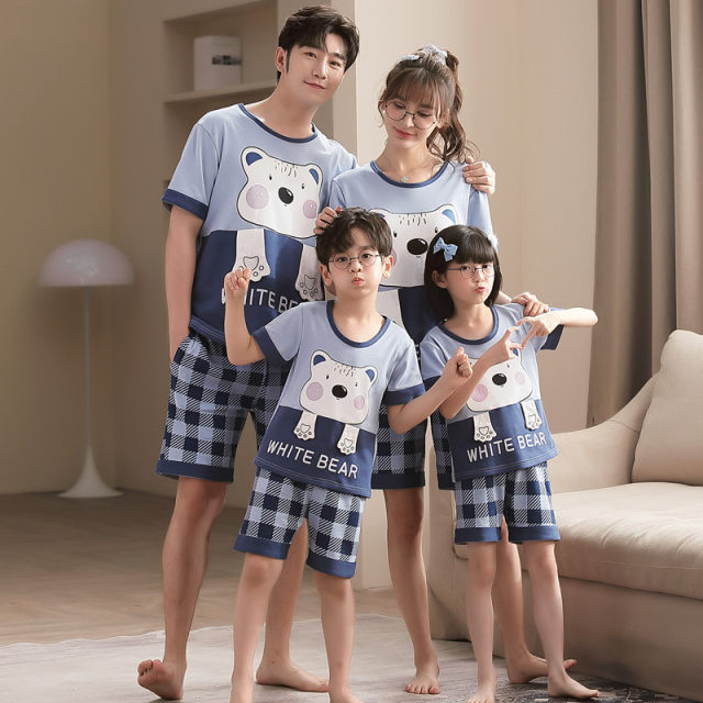 Family of three and four parents-child pajamas short-sleeved summer thin pure cotton mother-daughter shorts round neck home clothing set