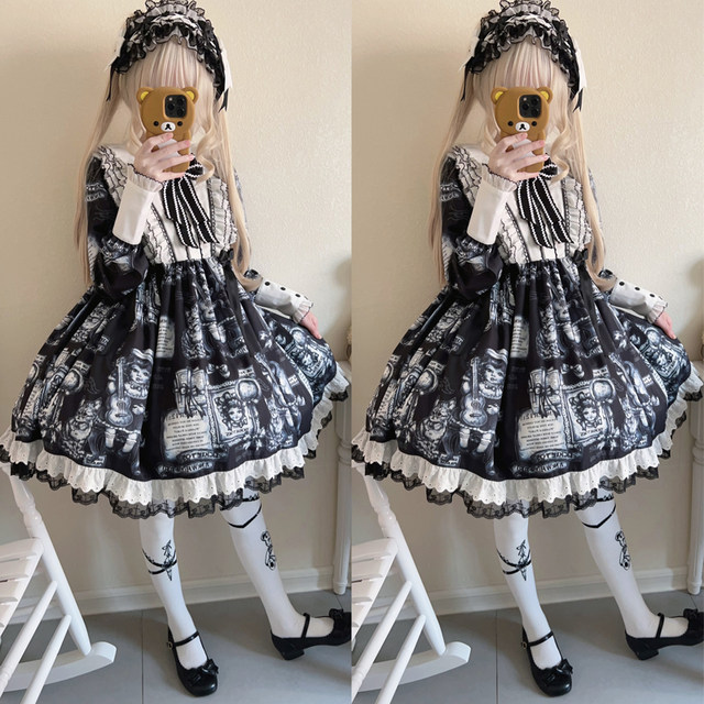 Korean mushroom cool {exclusive}~original design antique cat lolita dress gothic style dark long-sleeved op dress