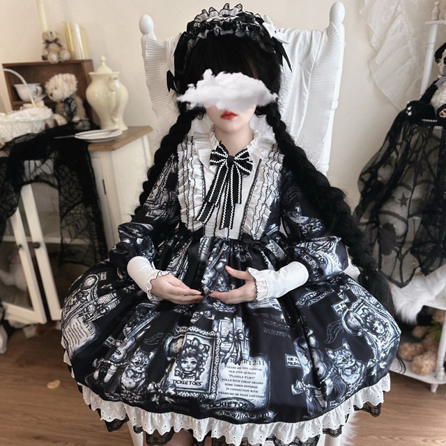 Korean mushroom cool {exclusive}~original design antique cat lolita dress gothic style dark long-sleeved op dress