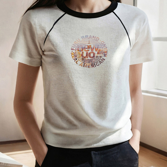 
Contrasting color ragdoll sleeve loose top 2025 summer new trend niche rice gray pure cotton short-sleeved round neck top