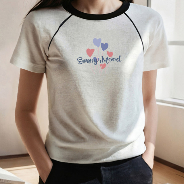 
Contrasting color ragdoll sleeve loose top 2025 summer new trend niche rice gray pure cotton short-sleeved round neck top