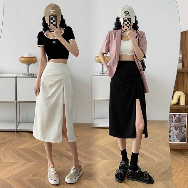 Folding zipper split skirt Female summer high waist irregular A -line skirt Small Korean versatile mid -length skirt
