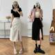 Folding zipper split skirt Female summer high waist irregular A -line skirt Small Korean versatile mid -length skirt
