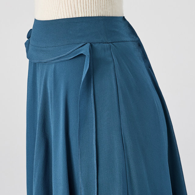 Mulberry silk georgette deep sea blue natural waist ruffle loose large size large double layer silk skirt