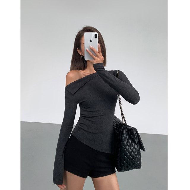 ousph black slanted shoulder top for women autumn slit design slim ...