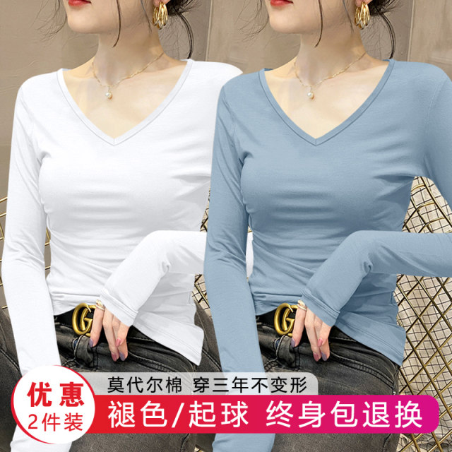 Modal V-neck Black Base Shirt for Women Spring and Autumn Wear Slim Long Sleeve Mask T-shirt with Low-collar Top