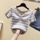 New summer slim rainbow V-neck striped short-sleeved internet celebrity ins super hot top slim and versatile short T-shirt for women