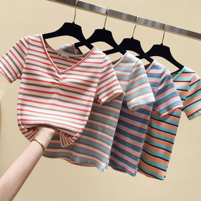 New summer slim rainbow V-neck striped short-sleeved internet celebrity ins super hot top slim and versatile short T-shirt for women