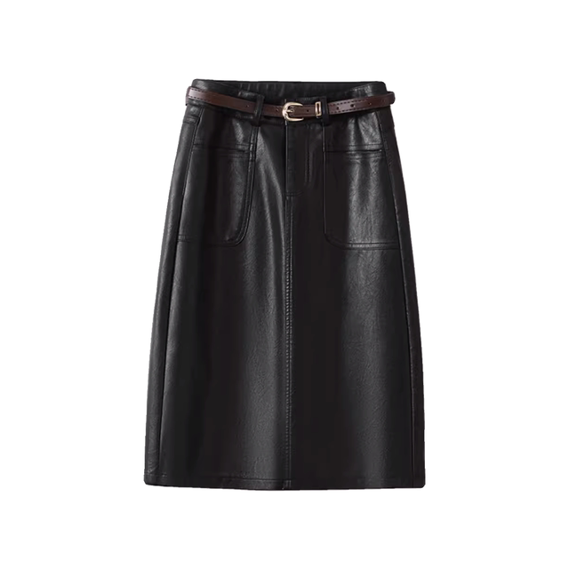 High-waisted leather skirt and skirt for women's spring and autumn new soft leather hip skirt over the knee medium-length large pockets behind