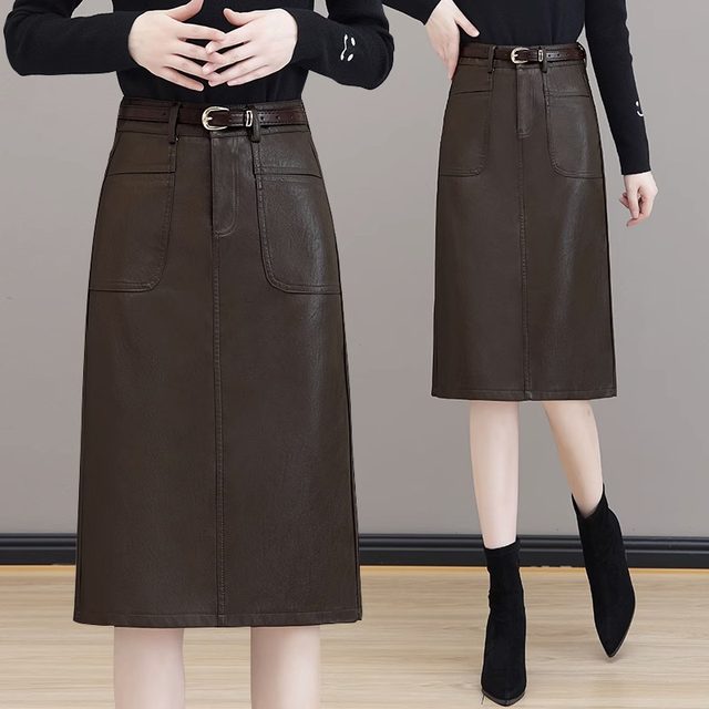 High-waisted leather skirt and skirt for women's spring and autumn new soft leather hip skirt over the knee medium-length large pockets behind