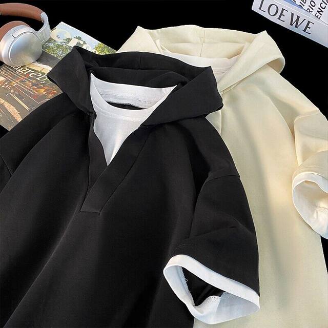 Men's T-shirt regular new classic top printed summer short-sleeved mid-high neck design hooded T-shirt