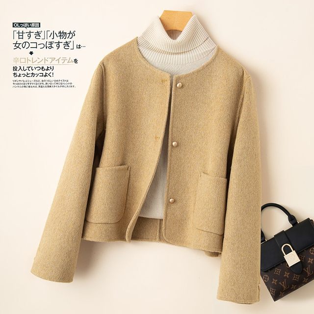 Double-sided cashmere coat women's short autumn and winter new Korean style small fragrance single-breasted round neck age-reducing woolen coat