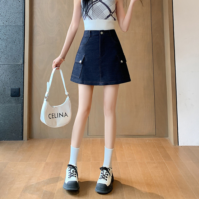 Awakening Paradise Trendy Fashion Simple and Versatile Popular Retro A-line Short Skirt Bright-line Zippered Skirt