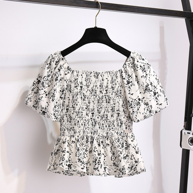 Black floral one-length neck off-shoulder clavicle puff short-sleeved shirt for women 2025 summer new temperament short top