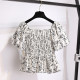 Black floral one-length neck off-shoulder clavicle puff short-sleeved shirt for women 2025 summer new temperament short top
