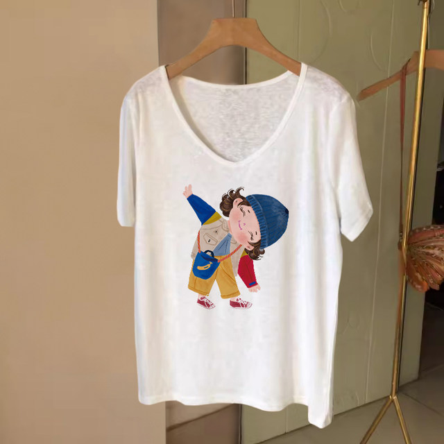 Summer large-size women's fashion brand pure cotton white short-sleeved T-shirt for women 2024 new V-neck casual slim-covering top
