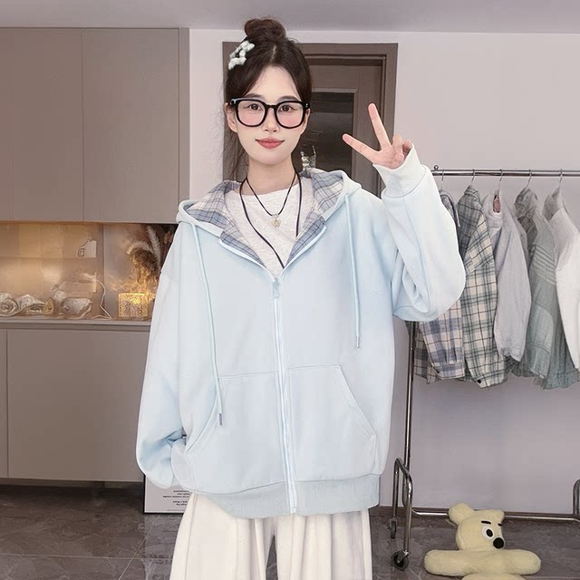 Cardigan hooded sweatshirt coat for women autumn and winter 2024 new large-size women's spliced ​​plaid design loose top
