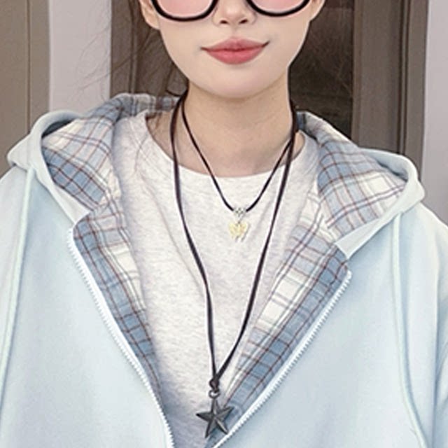 Cardigan hooded sweatshirt coat for women autumn and winter 2024 new large-size women's spliced ​​plaid design loose top

