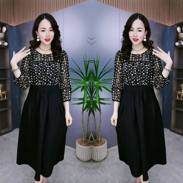2025 early spring new style slim waist-hugging spliced ​​printed round neck mid-length skirt
