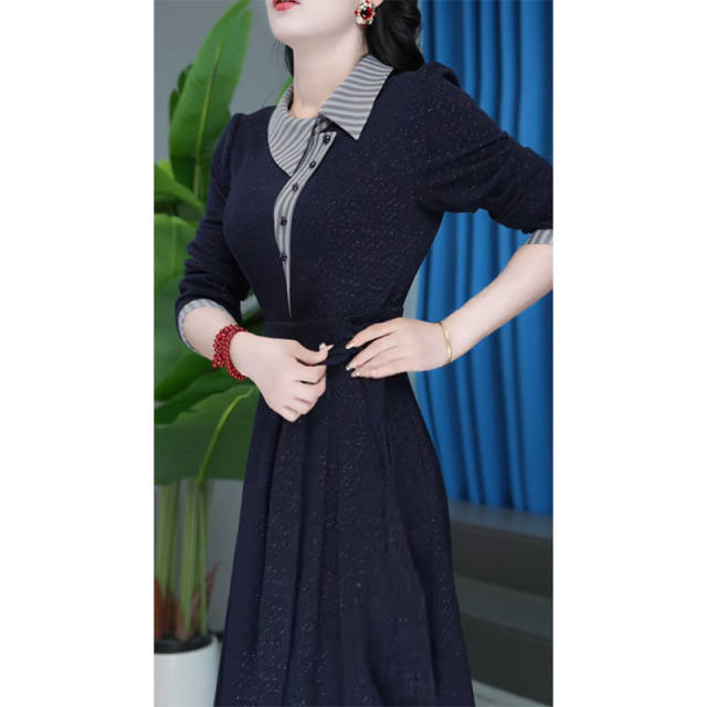 High-end long-sleeved dress for women 2025 autumn new fashion design sense spliced ​​POLO collar mid-length skirt