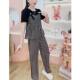 Fashionable spliced ​​striped top straight pants two-piece set for women's 2025 summer new high-end style slimming suit