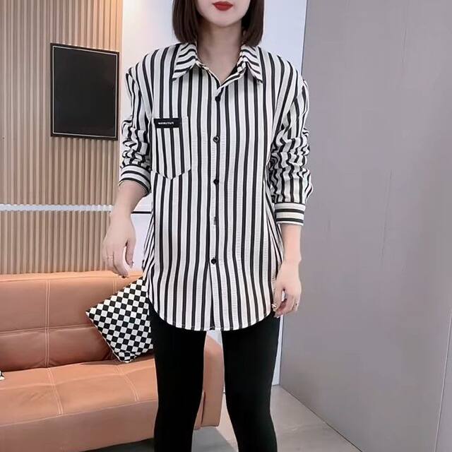 New velvet thickened long-sleeved striped shirt for women in autumn and winter, loose slim lapel cardigan versatile top