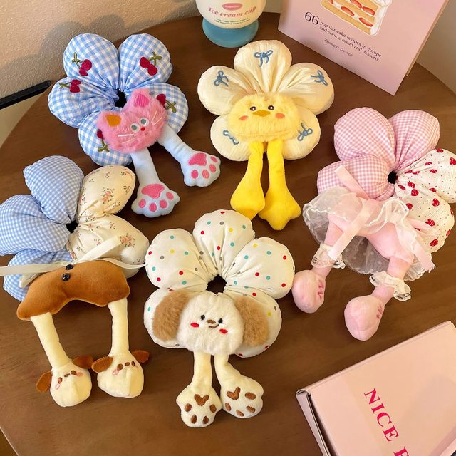 Cute cartoon fun flower large intestine hair tie for women high-end cotton-filled three-dimensional puppy headband little yellow duck hair tie for women