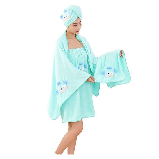 Four-piece adult towel set wholesale hair drying cap Velcro cute coral velvet bath towel home soft absorbent bath skirt