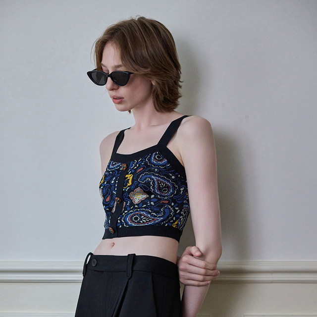 MSLAN summer retro jacquard craft slim short cashew flower petite camisole MECE1005