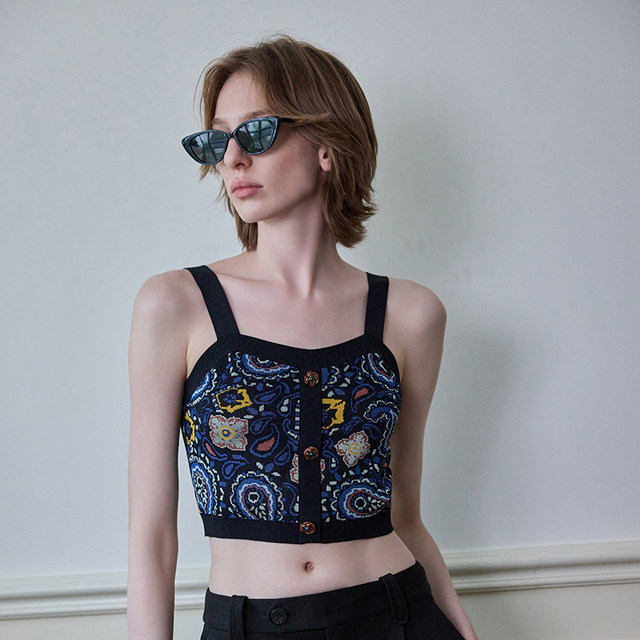 MSLAN summer retro jacquard craft slim short cashew flower petite camisole MECE1005