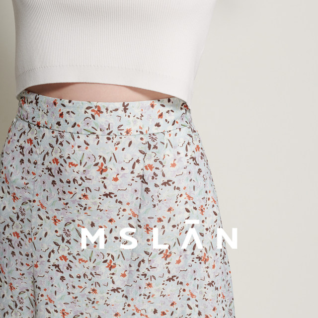 MSLAN spring and summer elegant retro printed skirt slit midskirt MFBV8203