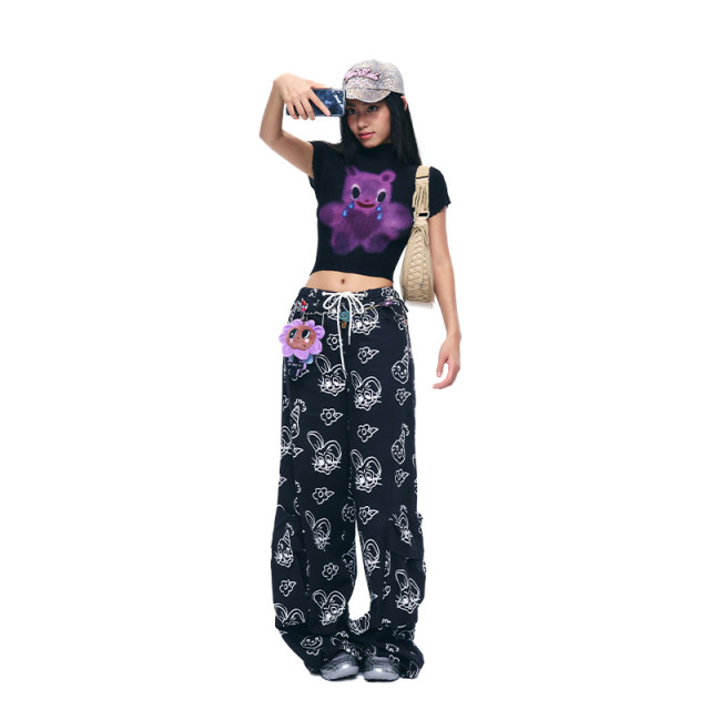 iscreamcolour MOF artist child fun black background purple crying bear fold shirt short sleeve T-shirt hand-painted t