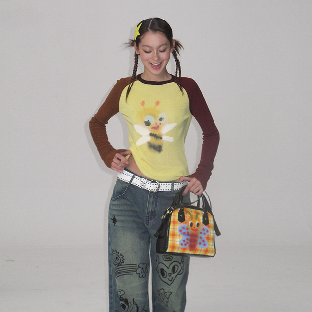iScreamColour Mof artist yellow bee -bee -duty -cuff knitted jacket slim bottoming shirt
