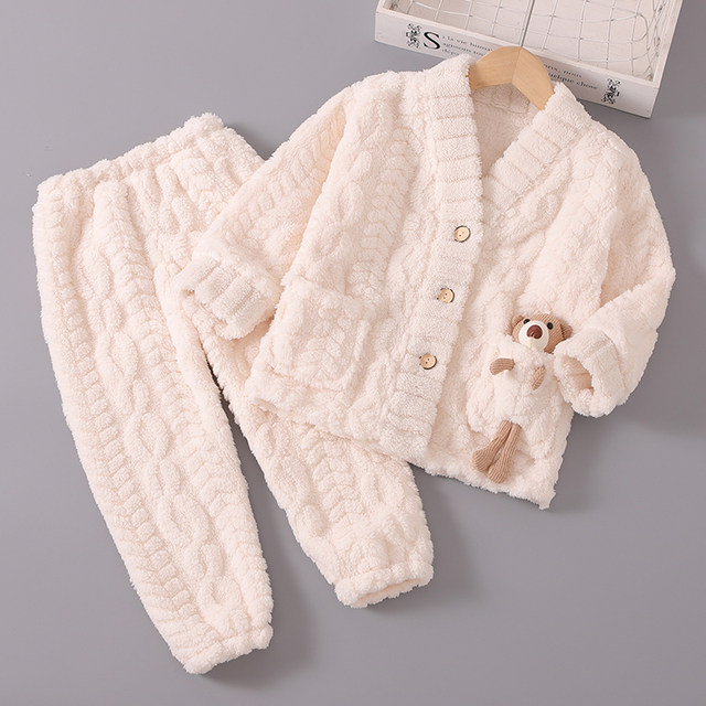 Autumn and winter girls' flannel children's pajamas winter coral velvet girls and boys baby thickened home clothes set