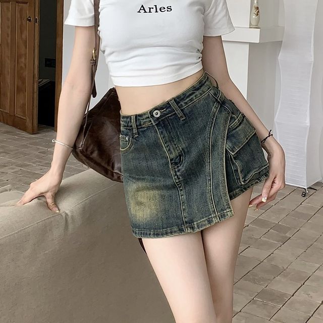 Retro washable and antique denim skirt women's summer hot girl high waist slim A-line skirt short skirt
