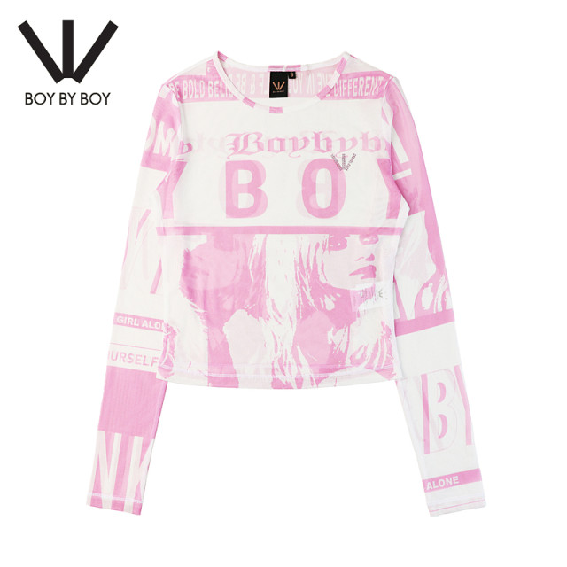 BOY BY BOY trendy brand women's spring and summer mesh long sleeve European and American style printed slim sexy top T-shirt