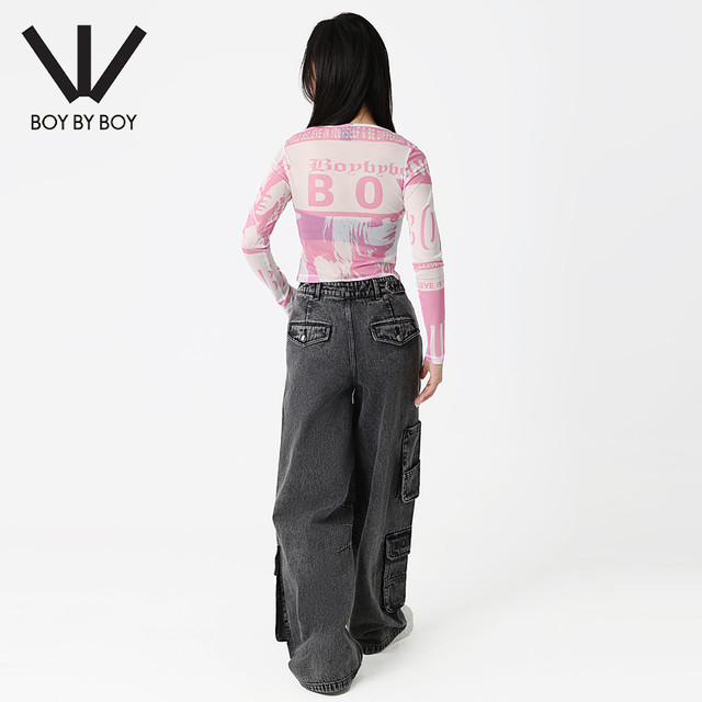 BOY BY BOY trendy brand women's spring and summer mesh long sleeve European and American style printed slim sexy top T-shirt