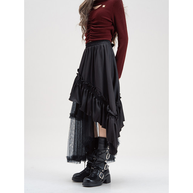 Pubang people irregular spliced ​​mesh skirt for women 2025 summer new design high waist mid-length skirt