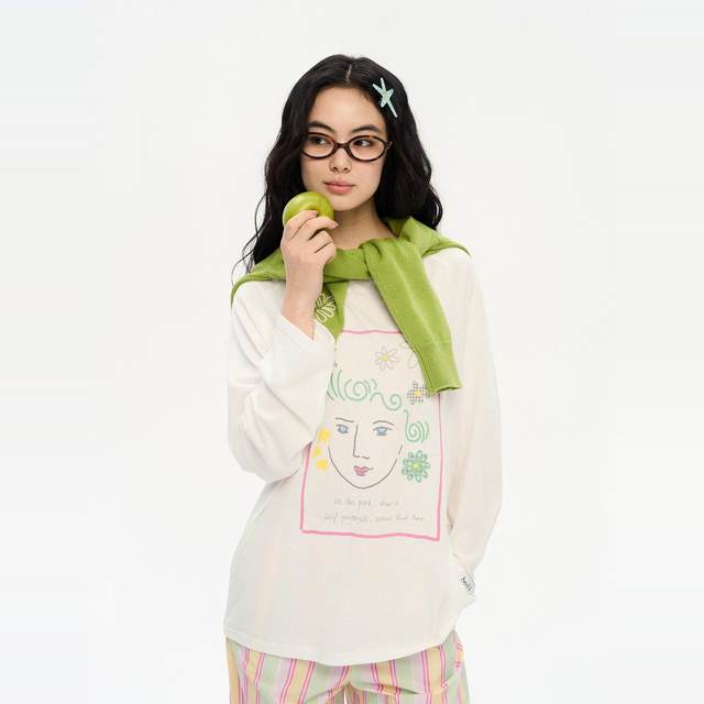 Heris grass portrait pattern print loose large style thin transparent snowflake knitted long sleeve T-sun protection against sun
