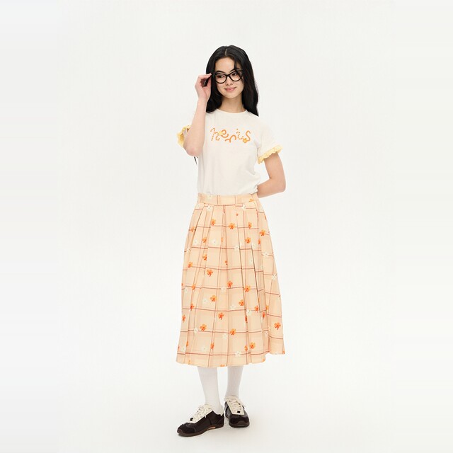 Heris orange flower plaid printed pattern A-shaped large swing press pleated medium-length cover calf college pleated skirt