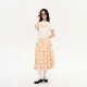 Heris orange flower plaid printed pattern A-shaped large swing press pleated medium-length cover calf college pleated skirt