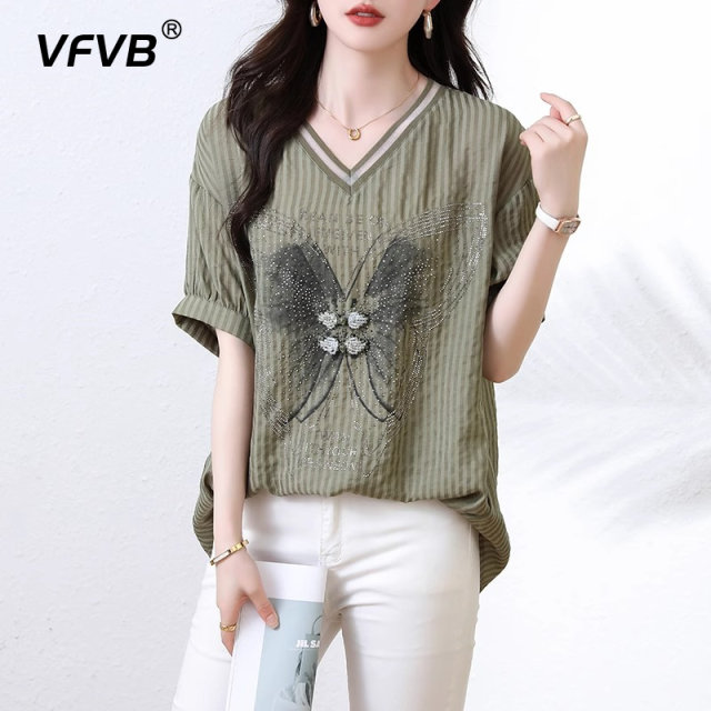 Ink green stripes hot drill V -neck short -sleeved shirt female 2024 summer new thin thin loose large size T -shirt top female