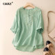 Retro cotton and linen round neck short-sleeved T-shirt for women 2025 summer new embroidered loose large size casual five-point sleeve top