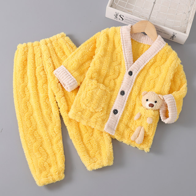 Boys' Coral Fleece Pajamas Autumn and Winter Boys Girls Baby Thickened Winter Suits Children's Flannel Home Clothes