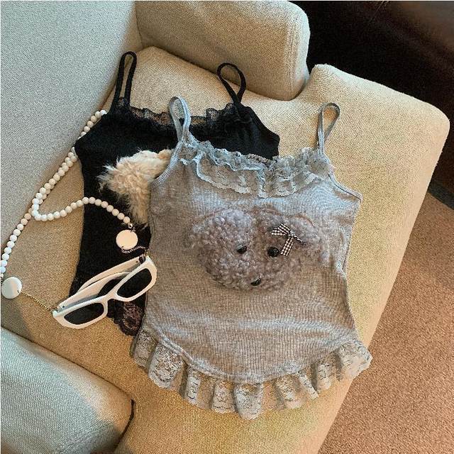 Pure and cute plush puppy suspender vest for women in spring and summer with chest pads and wear slim sweet and spicy short top
