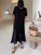 French retro casual slim and age-reducing long T-shirt skirt solid color round neck irregular skirt short sleeve dress trendy