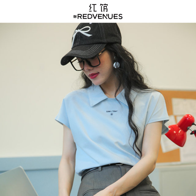 Hongguan 2025 summer new polo shirt women's T-shirt blue chic top small rag-shoulder short-sleeved lapel T-shirt
